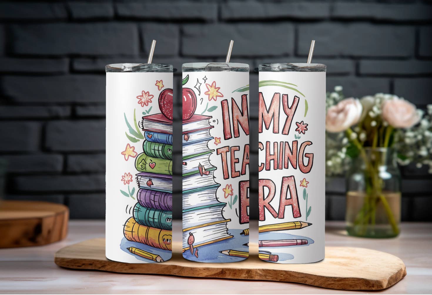 Wicked Flower Creations - Wholesale Insulated Mug/Tumbler - In My Teaching Era Book Stack Tumbler