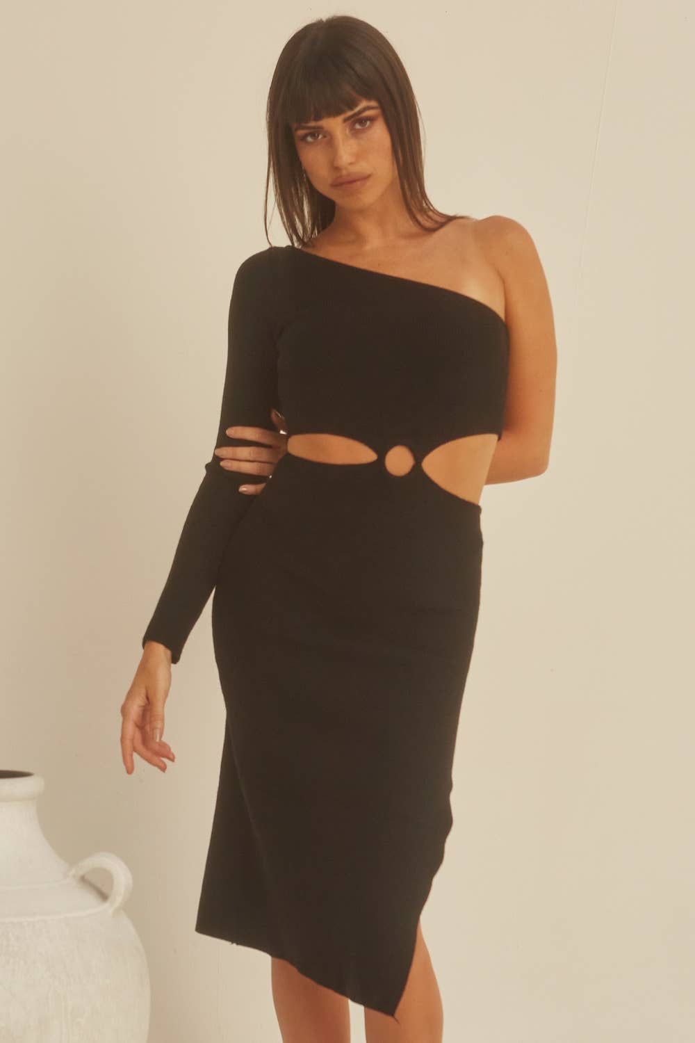 BLACK CD7606 - Rivera One Shoulder Cut-out Knit Dress for wholesale on Faire3