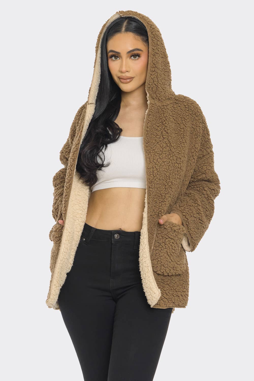 Lime All the Time - Wholesale Jacket - Women's - Teddy Bear Pattern Fluffy Fuzzy Fur Hoodie Jacket4