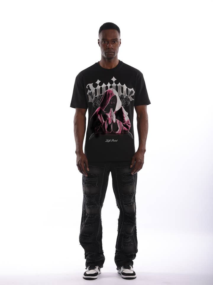 🔥 “Saint Mode” Praying Monk Graphic T-Shirt – Gothic Streetwear Energy - S25 - 1393 for wholesale by LEFT POINT