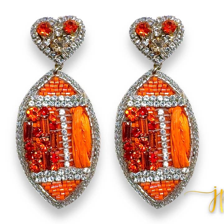 Jogo Jogo Brincos de Futebol Laranja Rhinestone Hearts Raffia por atacado de Jenny Patrick Designs ™