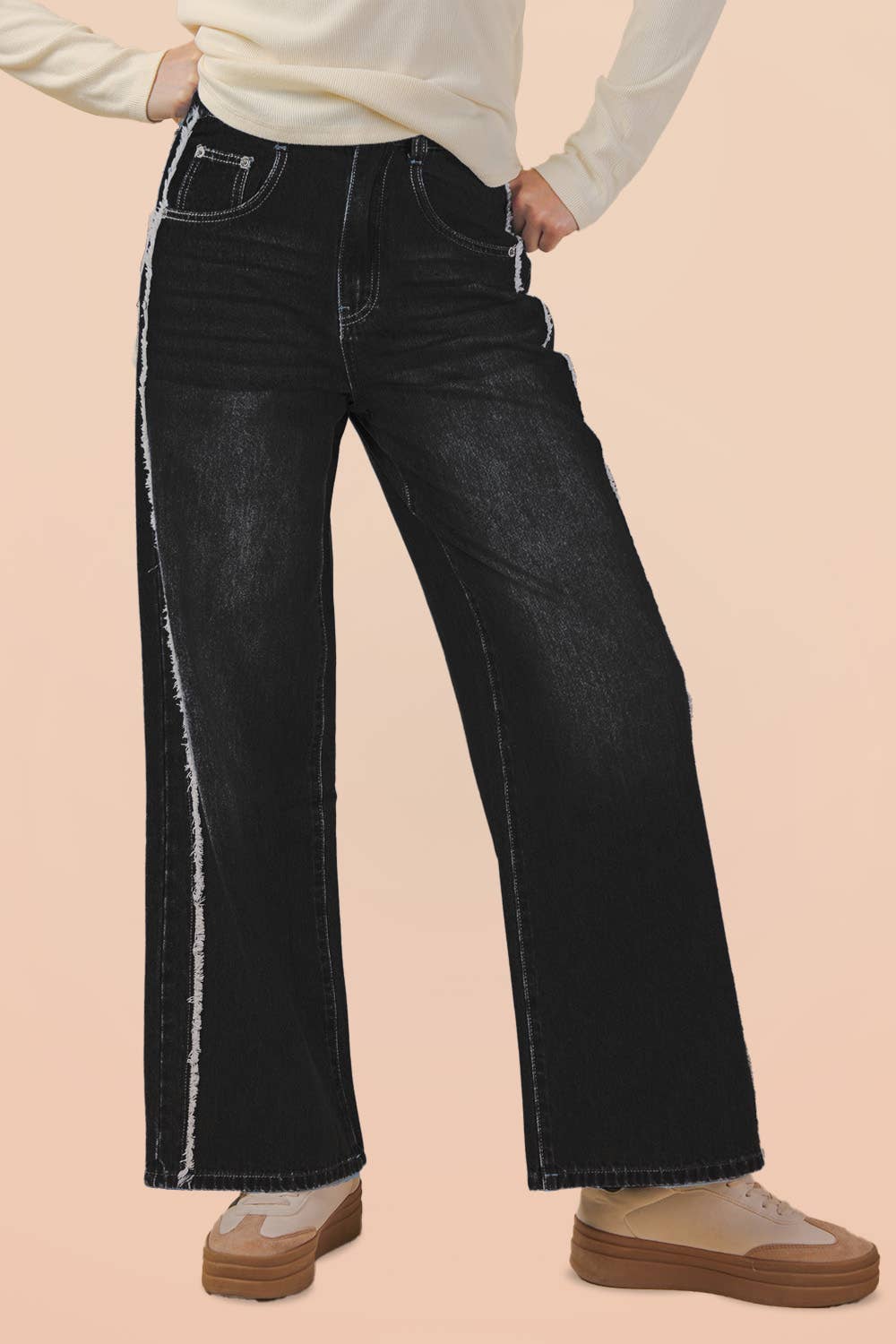 VERY J - Wholesale Jeans - Women's - VJP90037-VERY JEAN Frayed Detail Washed Denim Pants1