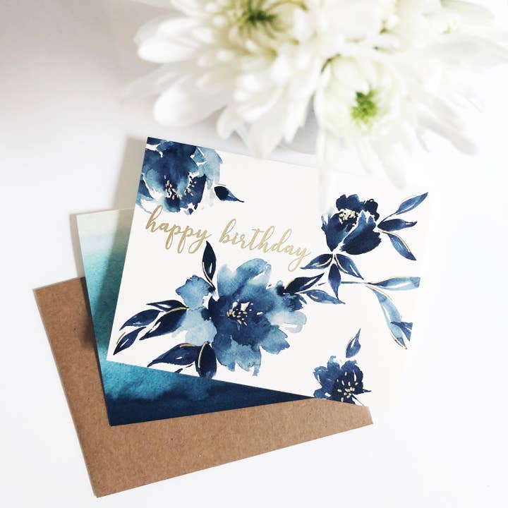 Abigail Jayne Design - Wholesale Birthday Card - Indigo Floral Birthday Greeting Card