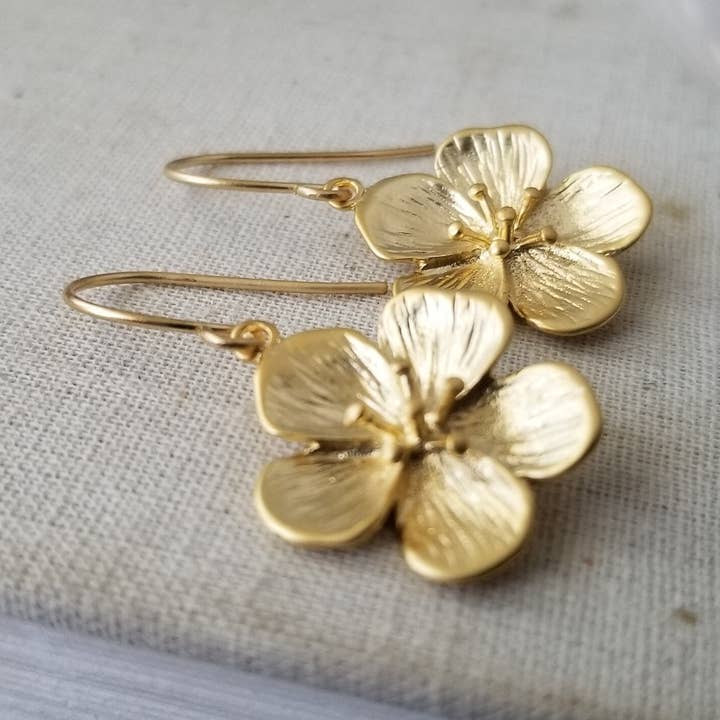 Cherry Blossom Earrings in Gold for wholesale by The Wild Poppy Jewelry Co.