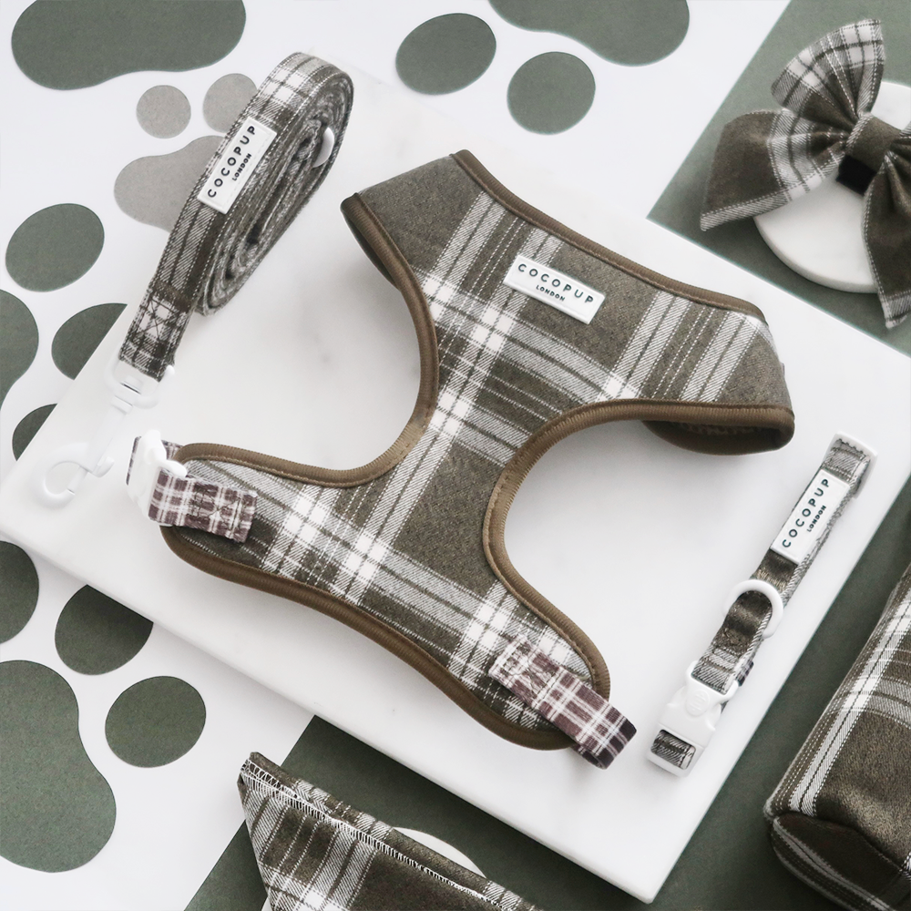 Cocopup London – wholesale Pet harness – Dog – Olive Check Adjustable Neck HARNESS4