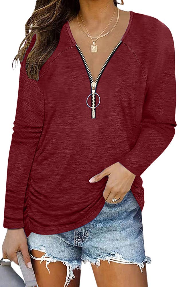 UNISHE - Wholesale Tunic - Women's - V Neck Zipper Plain Top ZZKF1965