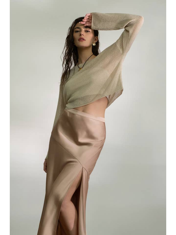 Blu Pepper - Wholesale Skirt - Women's - SATIN ASYMMETRICAL SIDE SLIT MIDI SKIRT
