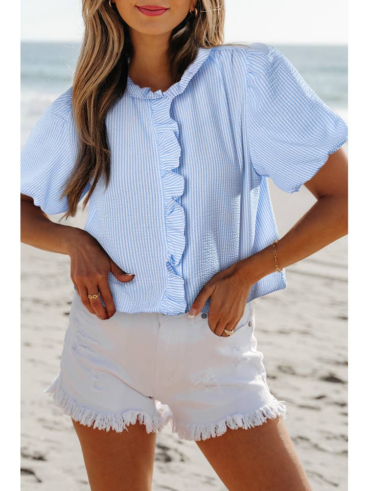 Aapparella - Wholesale Blouse - Women's - Texture Striped Ruffled Detail Shirt | S-XL