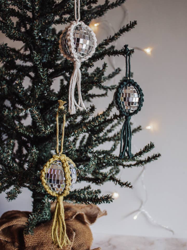 Macrame Disco Holiday Ornament for wholesale by Modern Bo Studio
