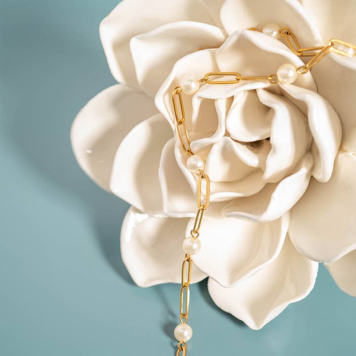 WJW - Wholesale Link & Chain Bracelet - 18K Gold PVD Steel Station Pearl Paperclip Chain Bracelet