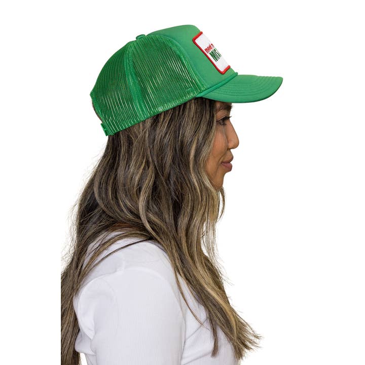 Meet Me Under The Mistletoe Trucker Hat in Green for wholesale on Faire2