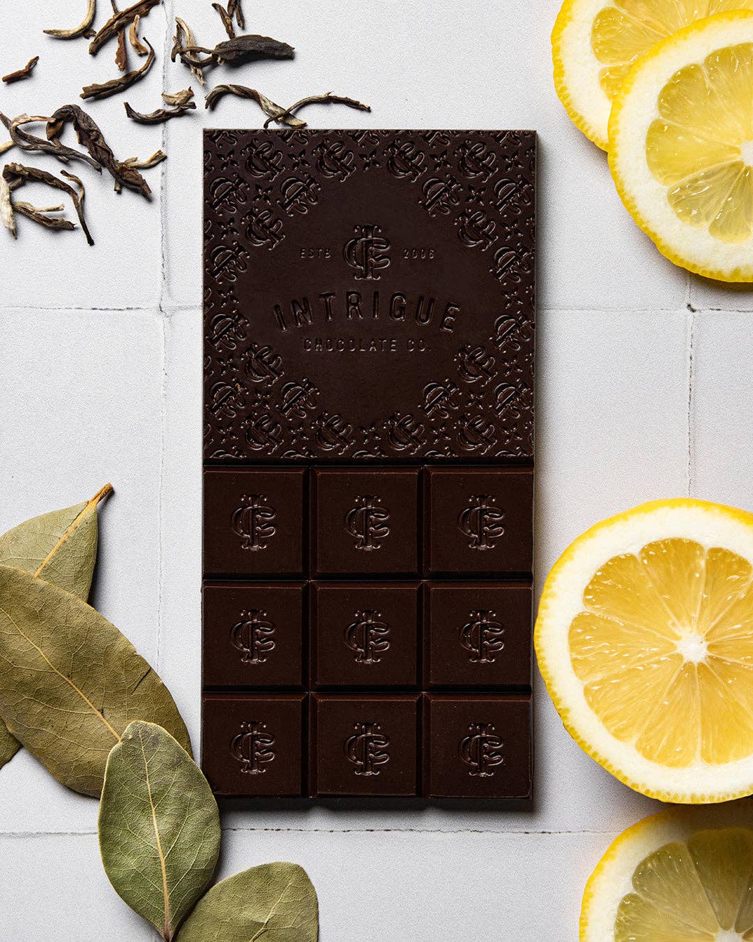 Intrigue Chocolate Co. - Wholesale Chocolate Bar - Jasmine Green Tea, Turkish Bay Leaf, Lemon Bar1