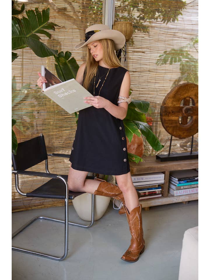 Mimosa - Wholesale Dress - Women's - Wooden Side Button Detail Sleeveless Linen Mini Dress1