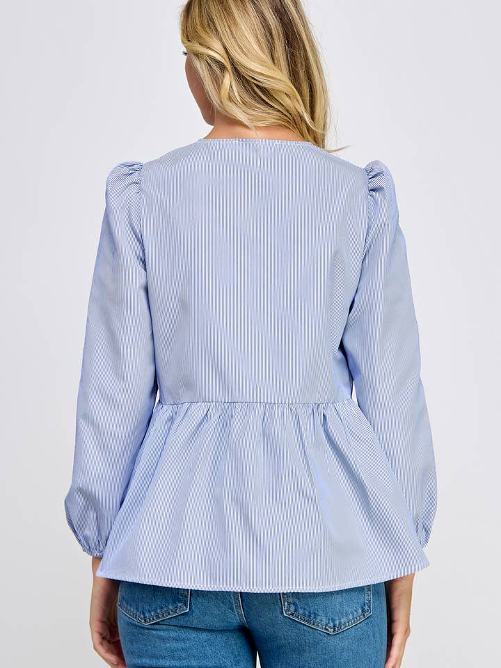 Ellison - Wholesale Blouse - Women's - TT-10190-6 LONG SLEEVE TIE FRONT PEPLUM BLOUSE BLUE
