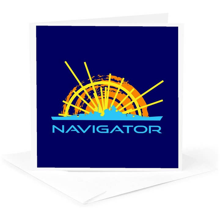 3dRose - Wholesale Everyday Greeting Card - 3dRose, Navigator. Sun, ship silhouette, text navigator. Dark blue background, Greeting Card