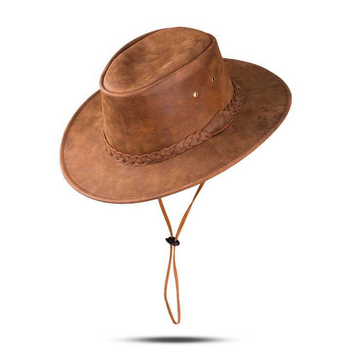 Brown Unisex Crushable Packable Outdoor Waterproof Leather Hat for wholesale on Faire