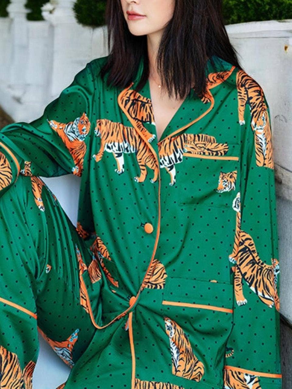 Green Satin Tiger Print Pajama Set for wholesale on Faire3