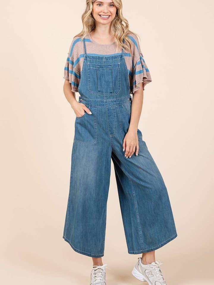 DENIM TIE BACK SLEEVELESS WIDE LEG OVERALLS for wholesale by mittoshop