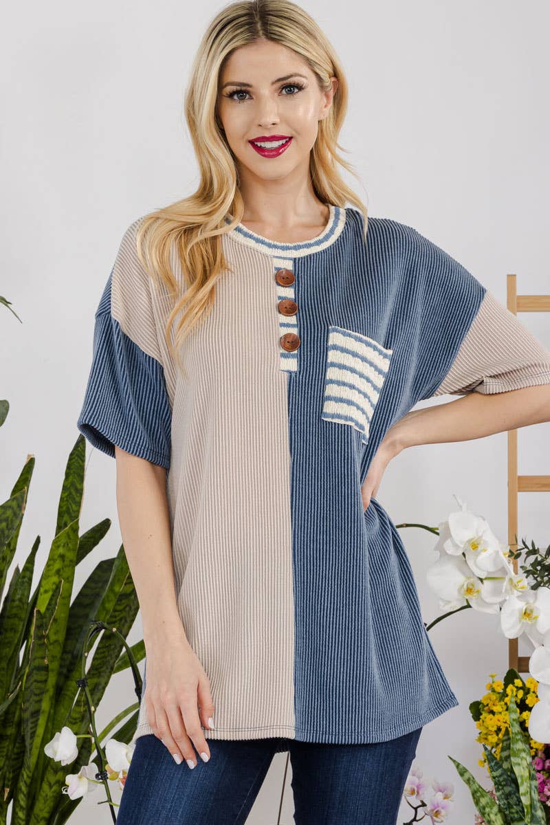 Celeste Clothing - Wholesale Tunic - Women's - URBAN RIB COLOR CONTRAST T-SHIRT WITH POCKET -CT43877A8