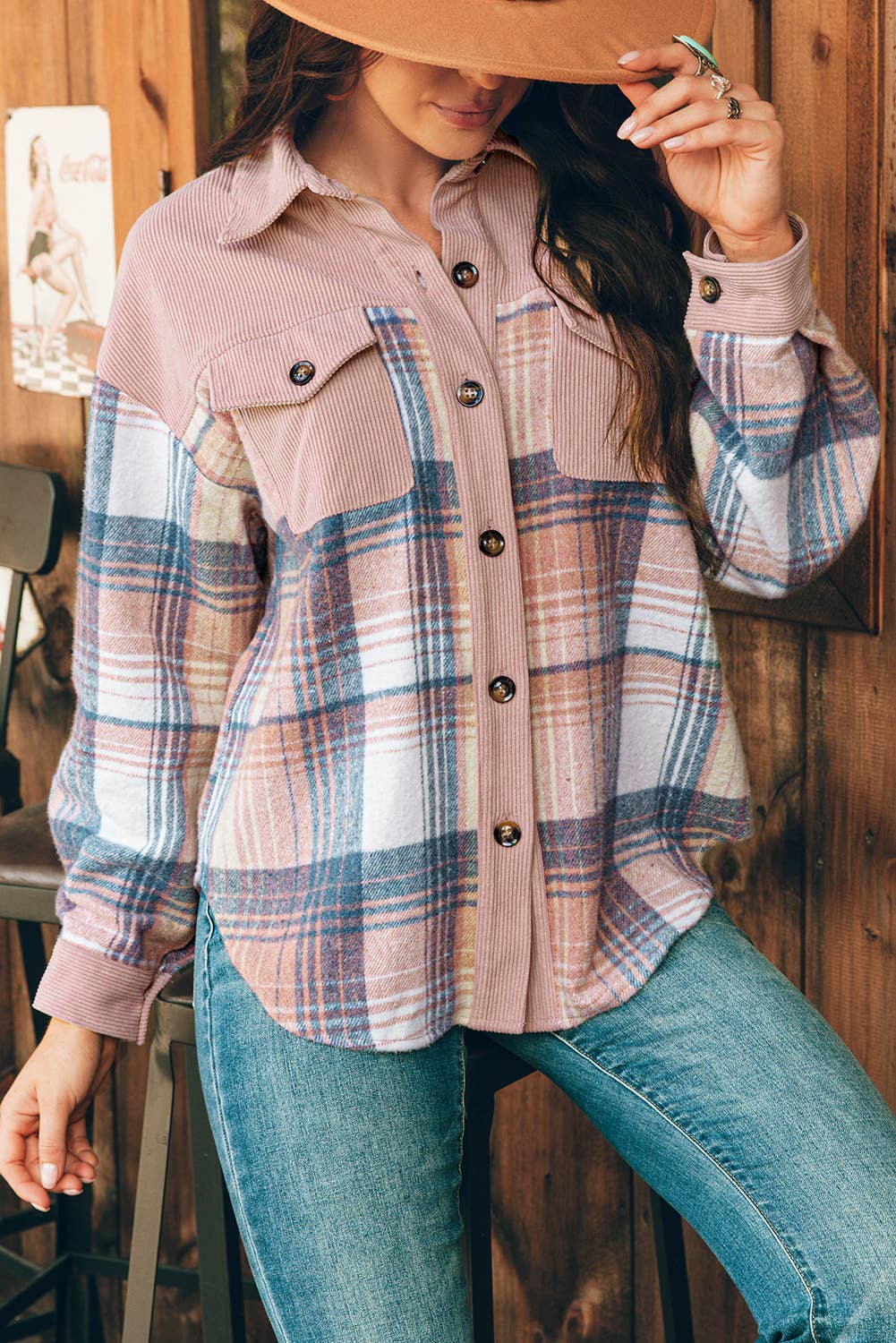 fashionworks - Vente Veste-chemise – femme - Veste d'automne en velours côtelé à carreaux et patchwork à la mode9