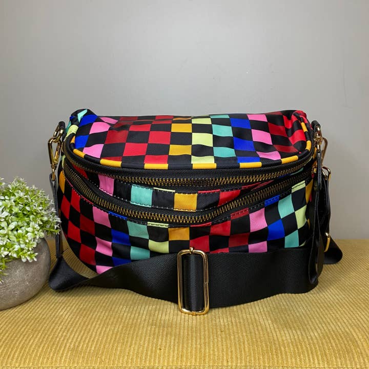 The Roni Nylon Crossbody - Checkered Colorful Black for wholesale by Hive Supply