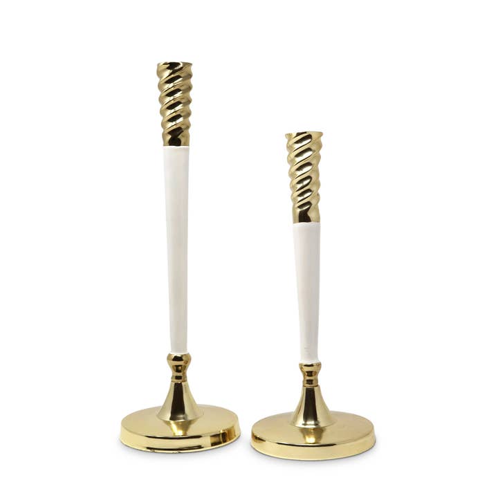 Twisted Gold and White Taper Candle Holder for wholesale by CLASSIC TOUCH DECOR INC.