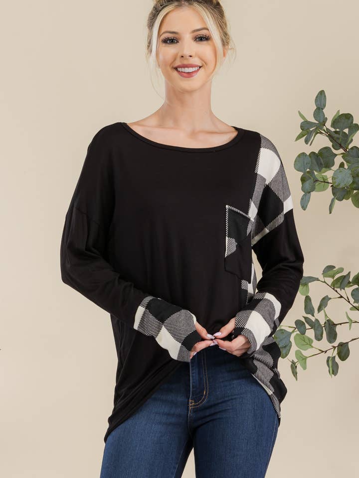 Celeste Clothing - Vendita all'ingrosso Tunica - Donna - TOP A MANICHE LUNGHE IN TARTAN PER MISSY E PLUS SIZE -CT43810B1