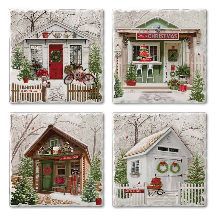 "Christmas She Shed" 4pk Assorted Tumbled Tile Coasters for wholesale by Conimar Promotions
