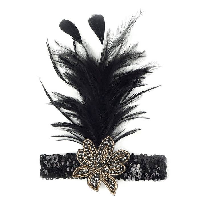 Zucker Feather Products - Wholesale Fashion headband – women's - Flapper Headband w/Feather Spray - Black and Gold3