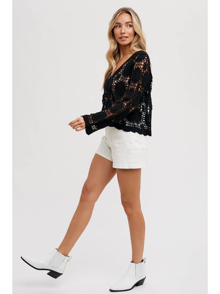 Bluivy - Wholesale Cardigan - Women's - SHEER CROCHET BUTTON DOWN CARDIGAN