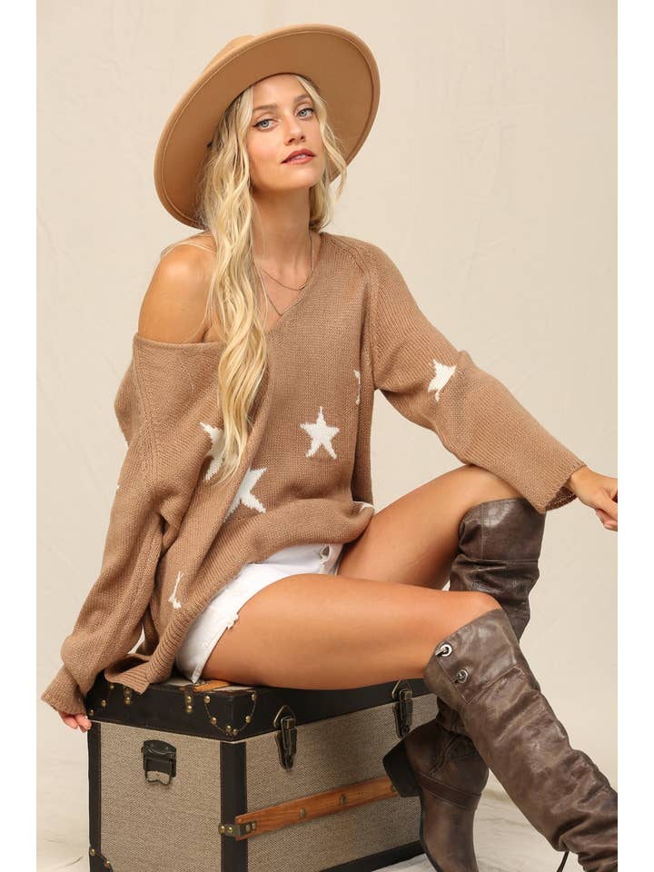 KyeMi - Wholesale Knit Sweater - Women's - Frances Intarsia Star V-Neck Sweater