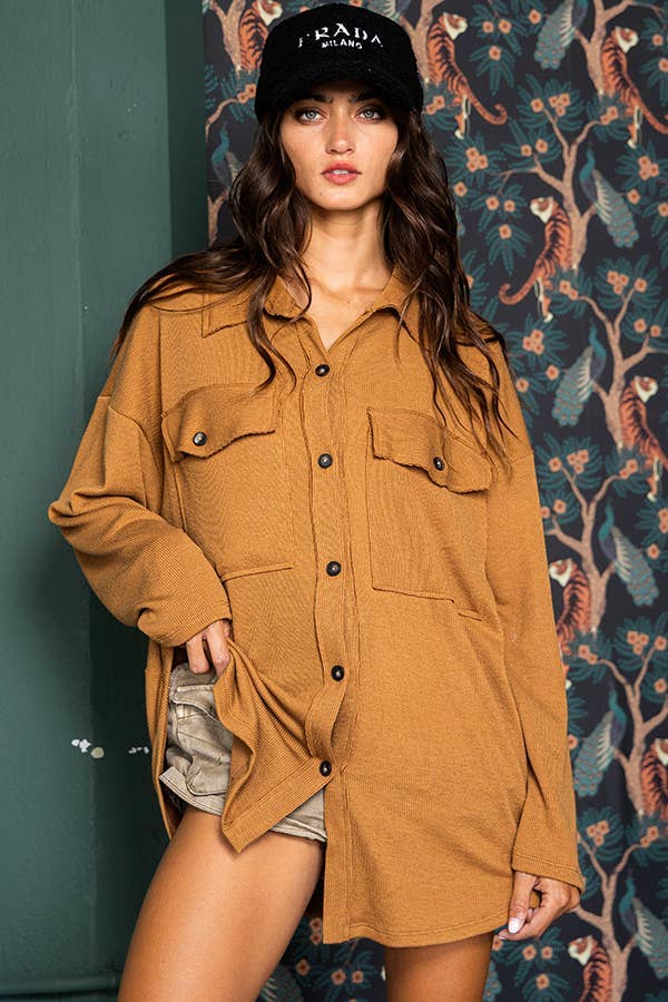 BUCKETLIST OUTLET - Wholesale Shirt Jacket/Shacket - Women's - T1320-4 OUTLET SALE Solid Rib Knit Oversized Shacket Shirt3