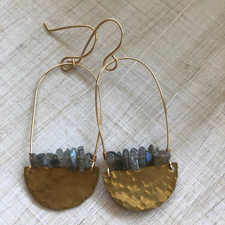 Labradorite stones and hammered brass earrings for wholesale by Rising Dawn Boutique