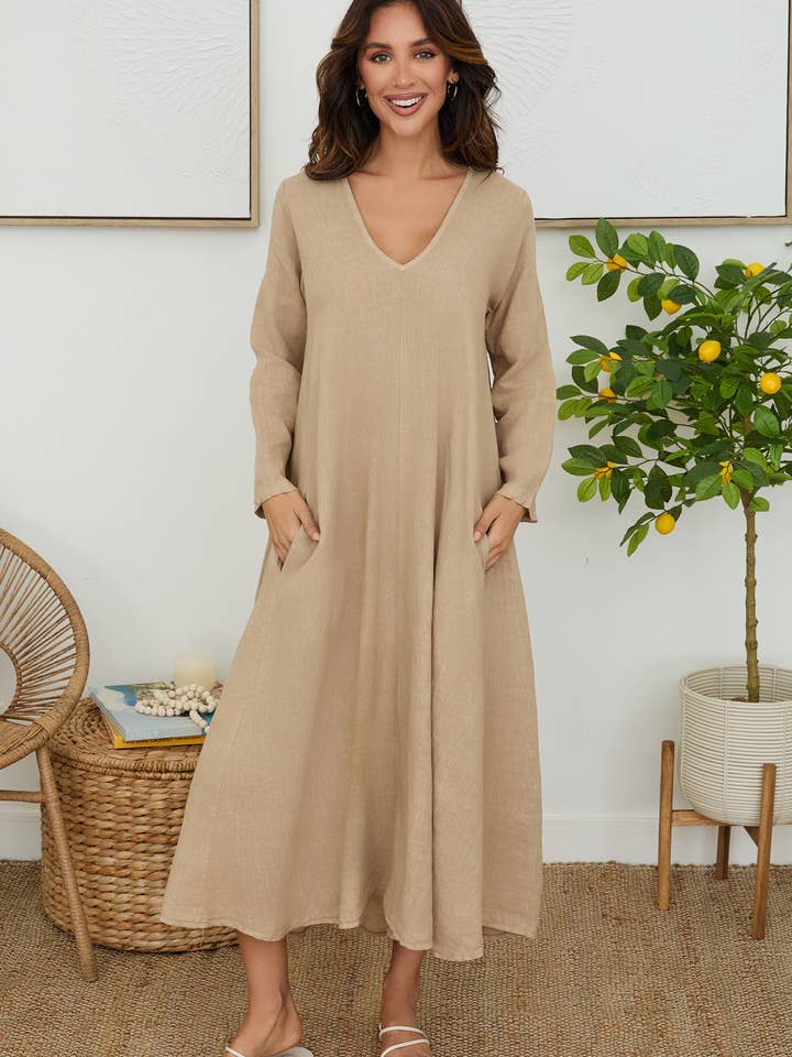 LINEN V-NECK L/S MAXI DRESS (102181/154130-SOLID) for wholesale by MILIO MILANO