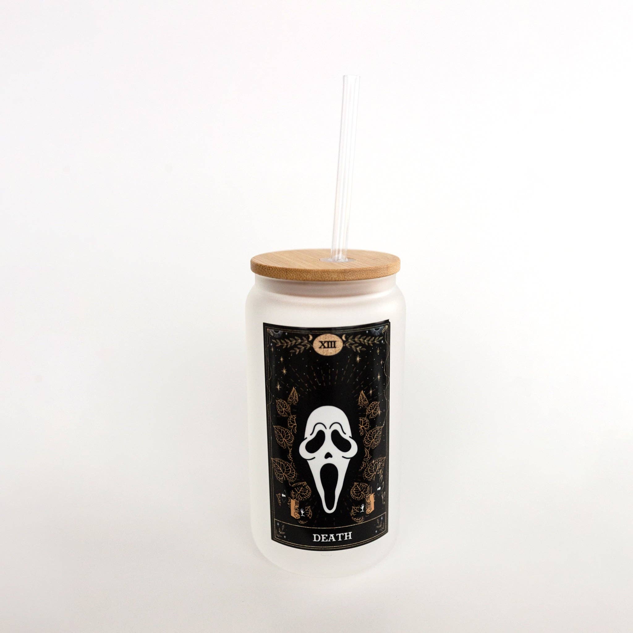 Wholesale Ghost Face Tarot Death Card Glass Can w/ Bamboo Lid & Straw for  your store - Faire