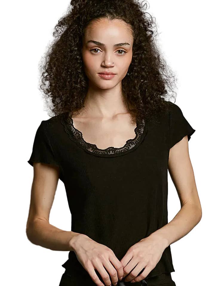 POL Round Neck Short Sleeve Crop T-Shirt with Lace Trim for wholesale by Garden Naked