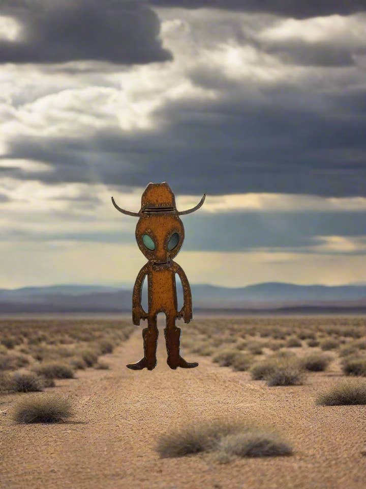 Alien Cowboy Rustic Metal Magnet Area 51 Roswell New Mexico for wholesale by Universal Ironworks USA