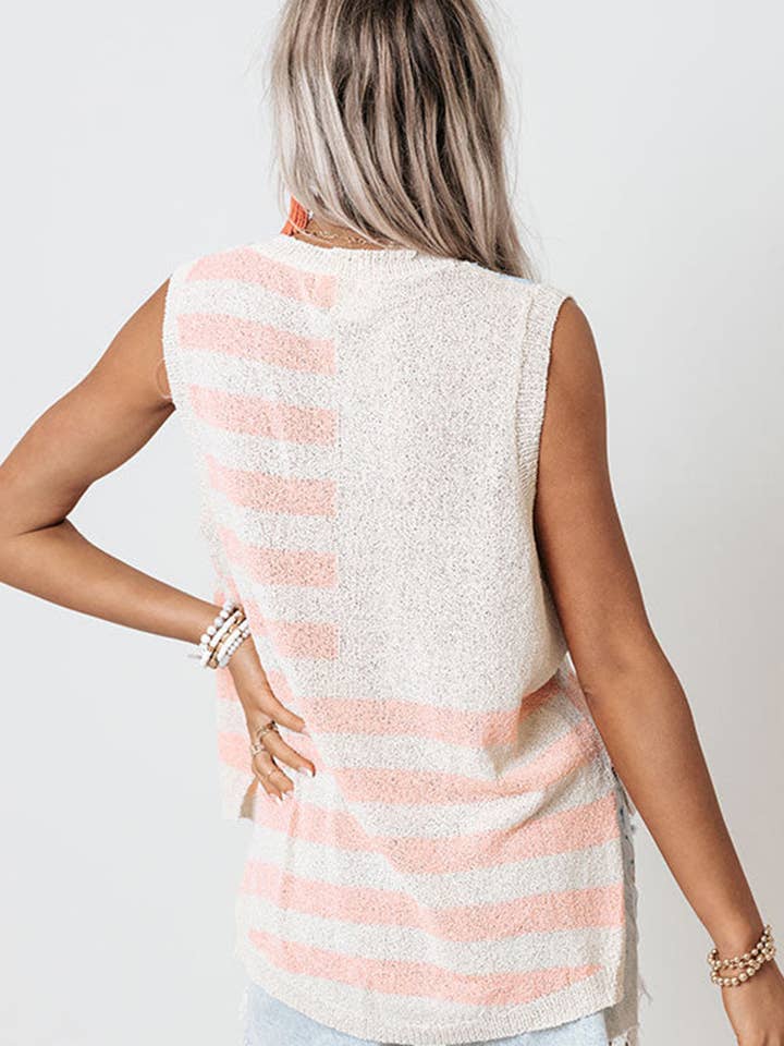 Beige USA Flag Notched Neckline Loose Sweater Vest for wholesale on Faire1