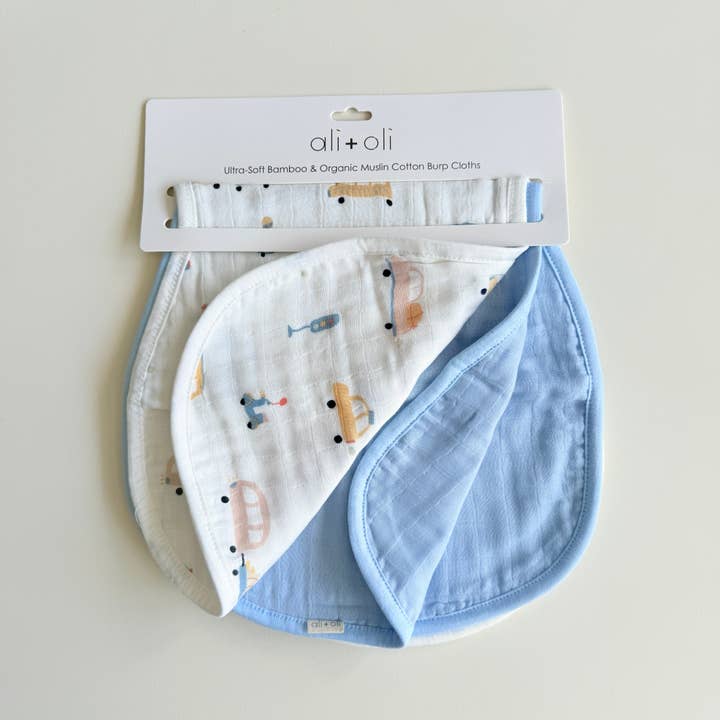 Ali+Oli - Wholesale Spuugdoekjesset - Baby - Bamboe Mousseline Spuugdoek Set 2-Pack (Auto's/Blauw)3