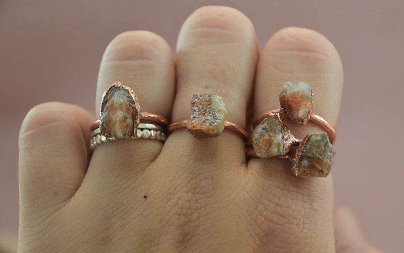 Daddy Daughter Jewelry - Wholesale Single Stone/Solitaire Ring - Raw Sunstone Copper Stone Ring || Flashy Sunstone Ring5