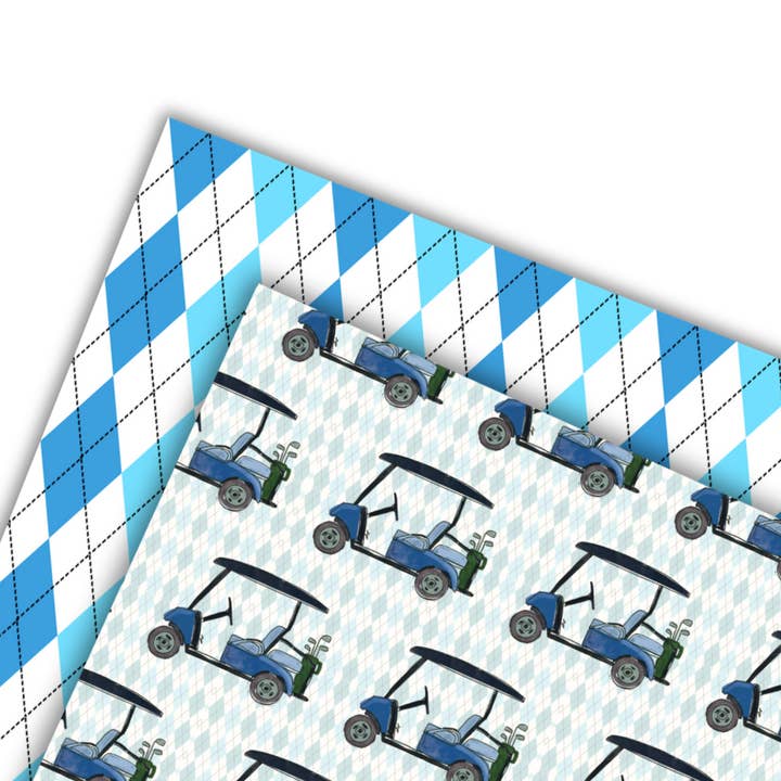 Golf Cart and Argyle Pattern Reversible Gift Wrap Sheets for wholesale by Hey Y'all Party