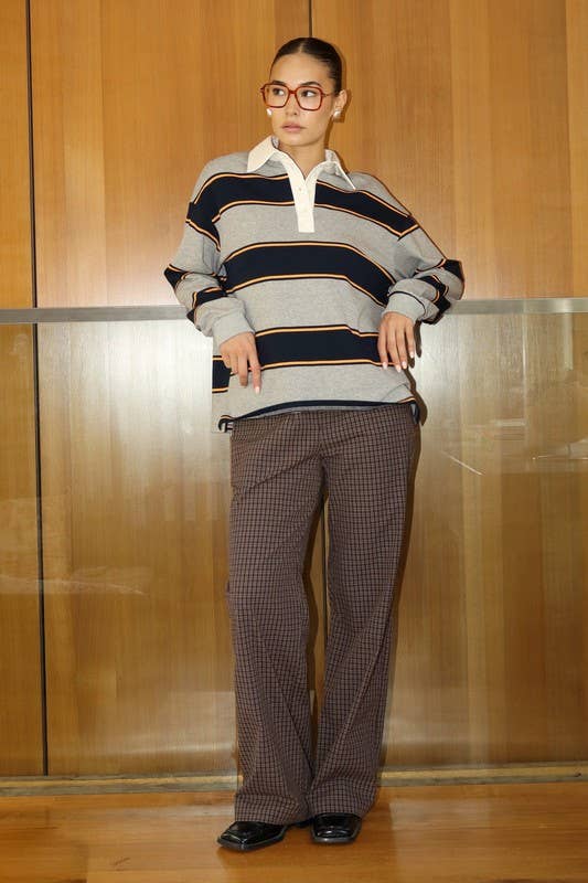Grey Stripe Knit Polo Top for wholesale on Faire3