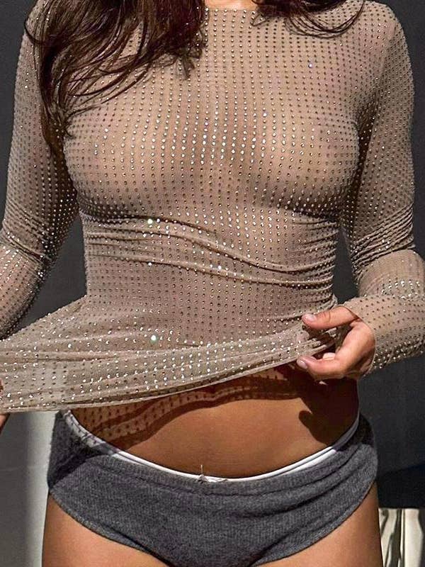 Sexy y2k rhinestone sheer top mesh long-sleeves t-shirt and other Purchase Wholesale body suits for women. Free Returns & Net 60 Terms on Faire trending on Faire.