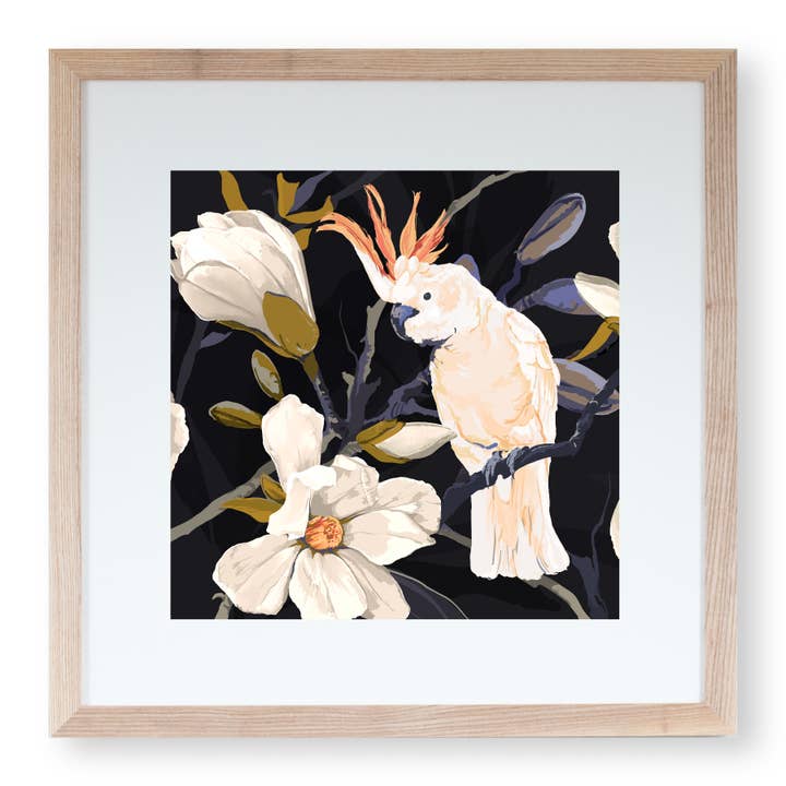 Art Print ‘Cockatoo and Magnolia’ 30 x 30 cm for wholesale by Rosie Reiter