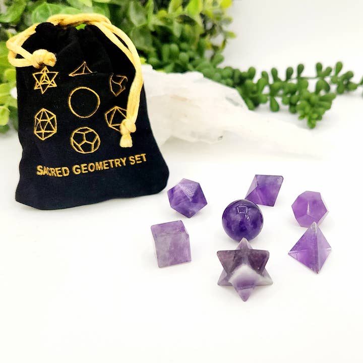 Meraki Gemstones - Wholesale Spiritual Stone/Crystal - Amethyst 7 piece Platonic Geometry Set with Velvet Bag 11