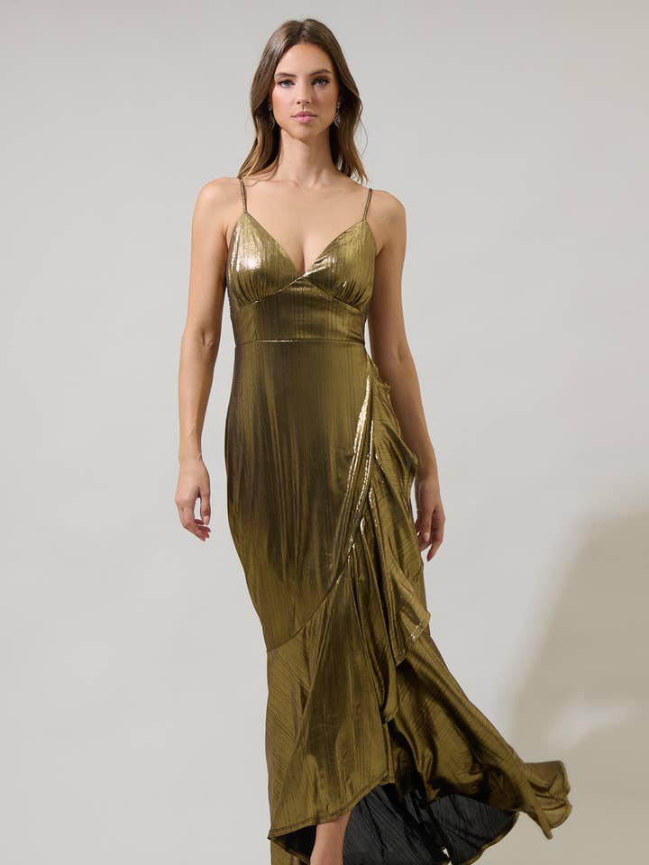 Gold Andorra Metallic Doris Ruffle Maxi Dress for wholesale on Faire3