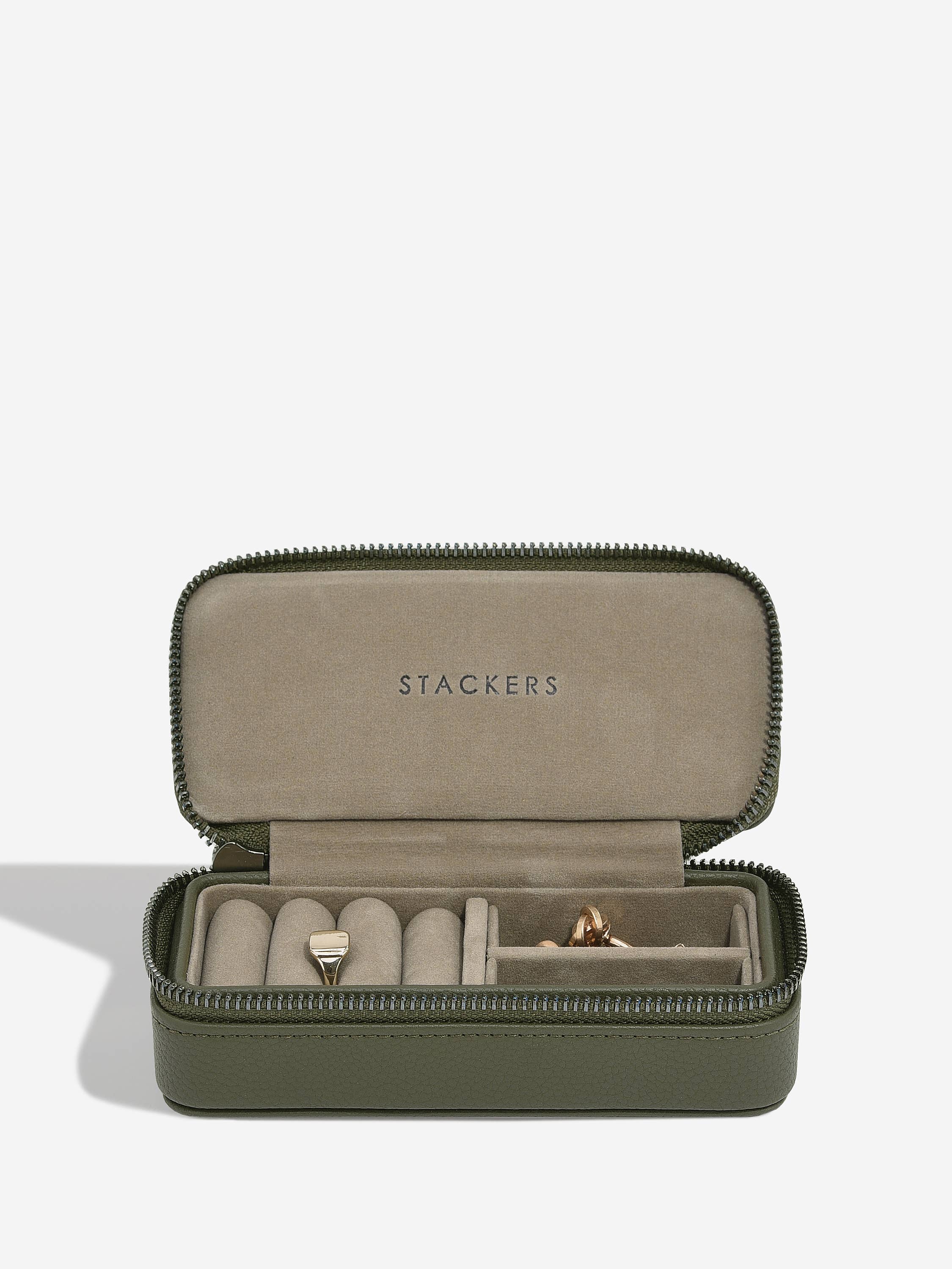Stackers – wholesale Jewellery box/organiser – Olive Green Medium Zipped Travel Jewellery Box