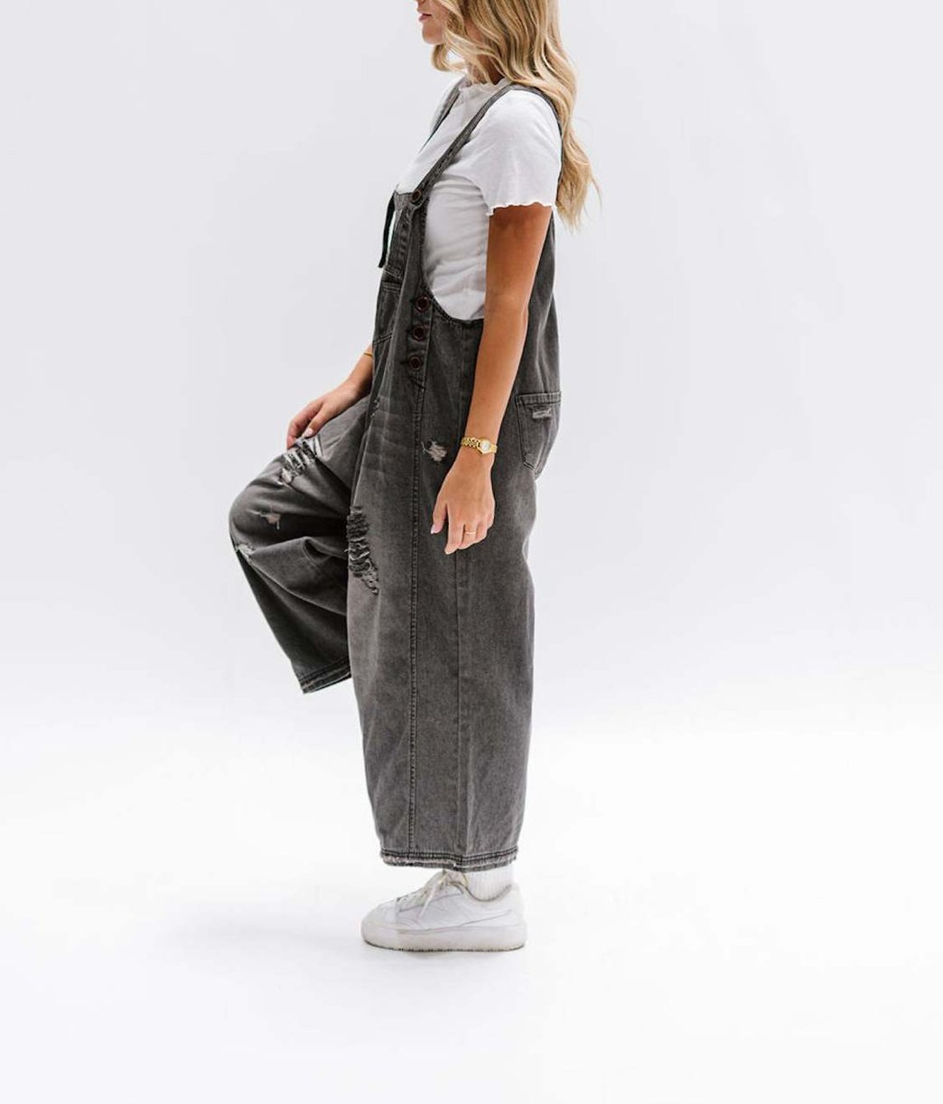 EmberLoom – Engroshandel Overalls - Dame – Kvinders bredbenede buksedragt med slidte detaljer denim overalls5