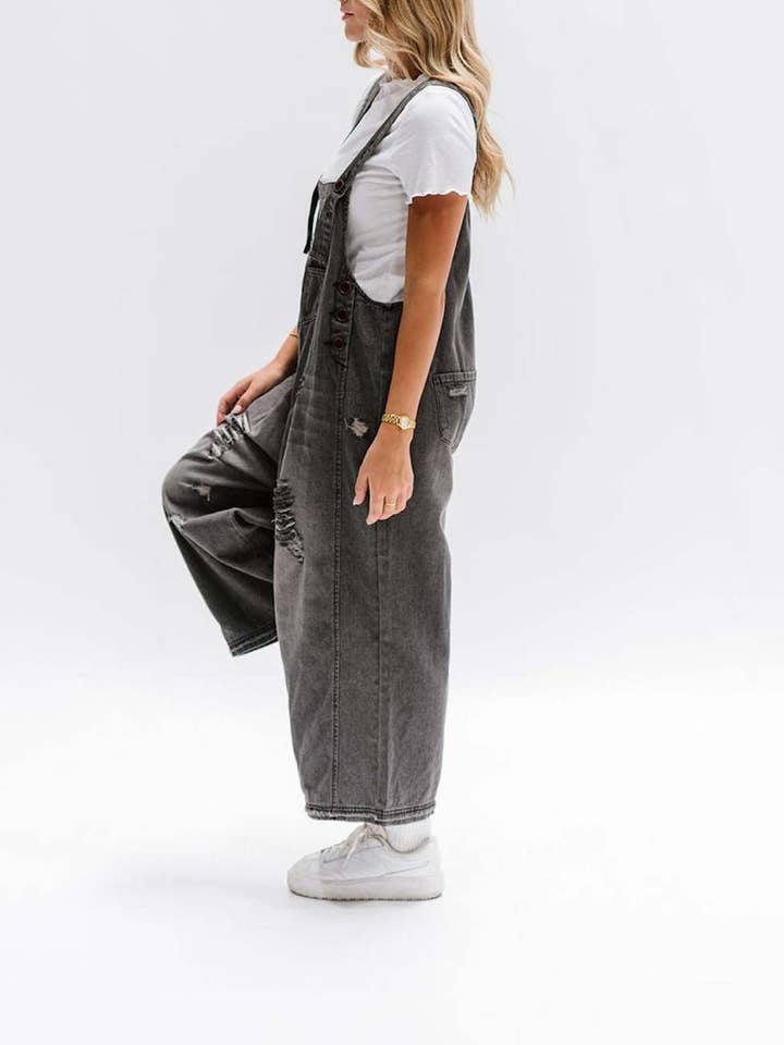 EmberLoom – Engroshandel Overalls - Dame – Kvinders bredbenede buksedragt med slidte detaljer denim overalls5