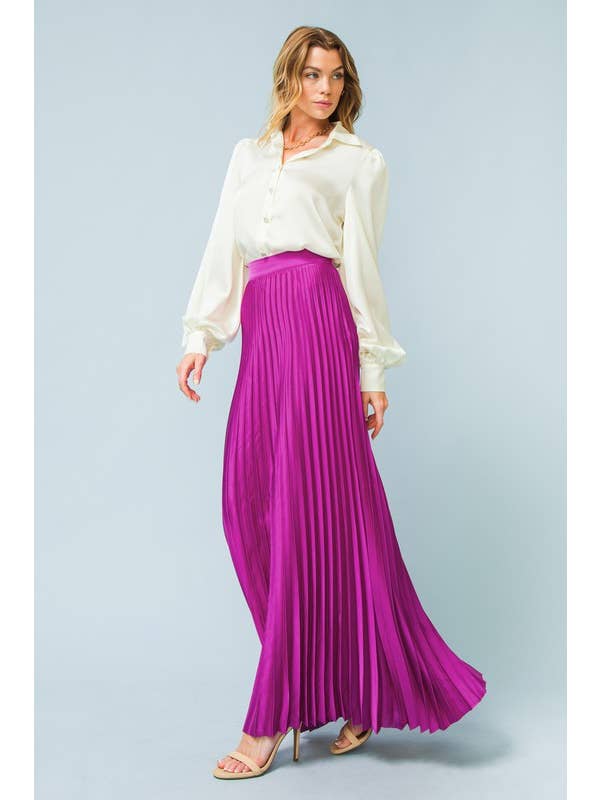 MAGENTA PLEATED SATIN MAXI SKIRT for wholesale on Faire